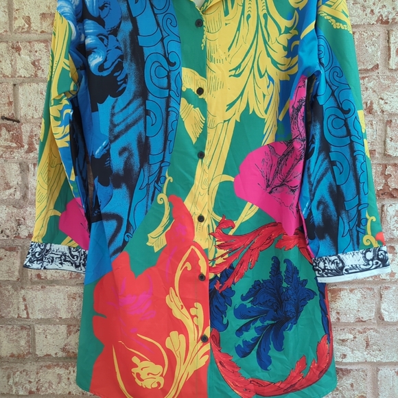 Colorful Print Button Up Collar Long Shirt Dress Blouse Mini Dress size M - Picture 3 of 10